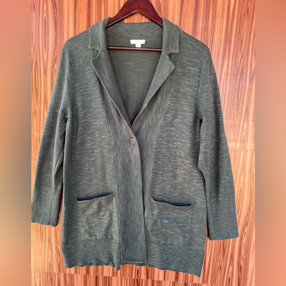 J Jill Green Cardigan Long Line Pockets Single Button Knit Sweater Size M